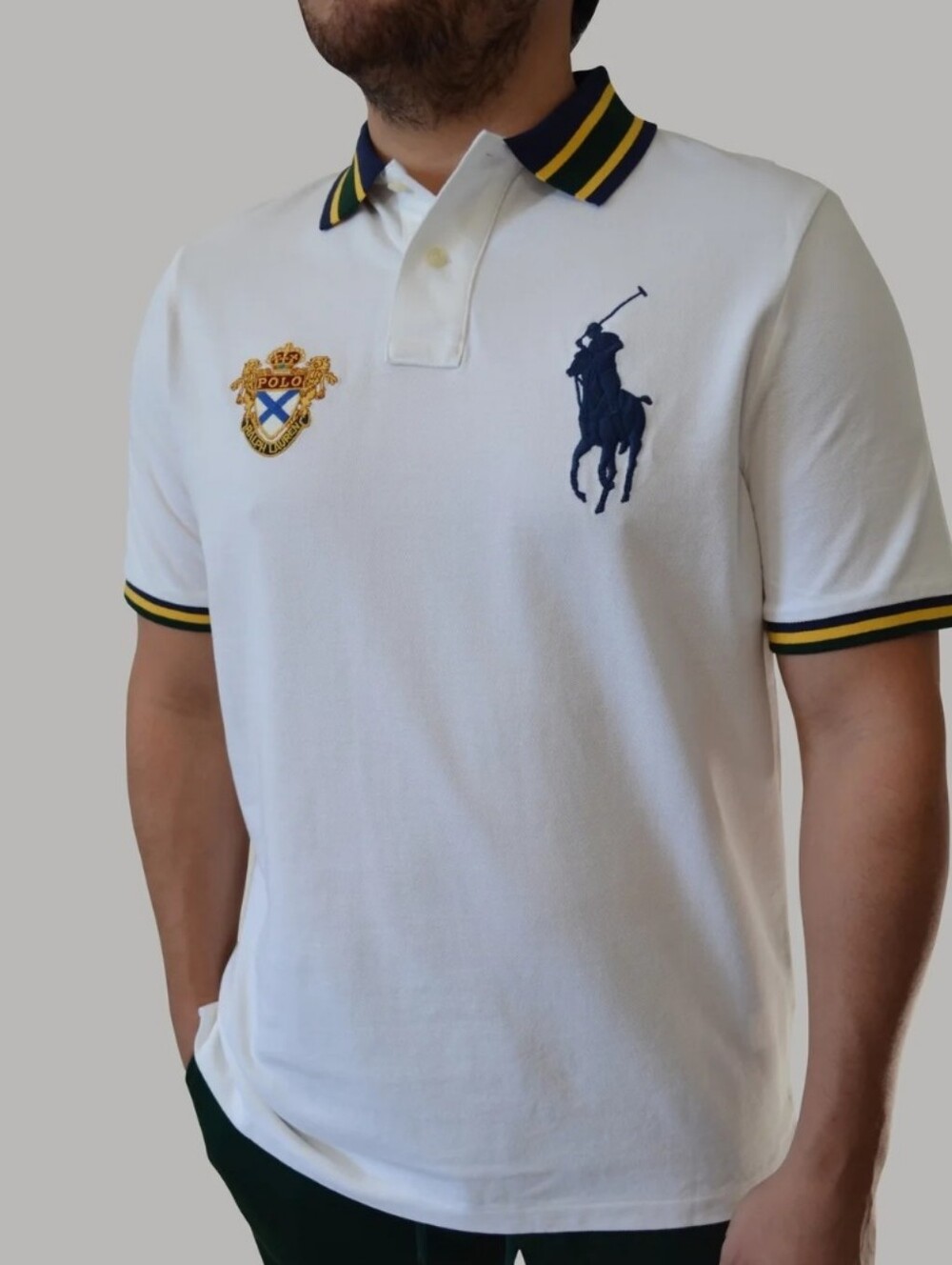 POLO RALPH LAUREN Gold Trim Big Pony Polo White Short Sleeve 4XLT Big And Tall